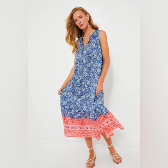 L1. Tuckernuck Beach Cobalt Bouquet Salty Paloma Caftan Blue and Coral - Picture 1 of 6